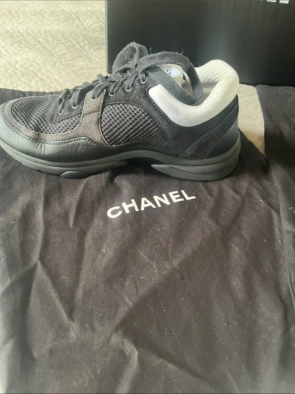 CHANEL Black Mesh and Leather Men's Sneakers